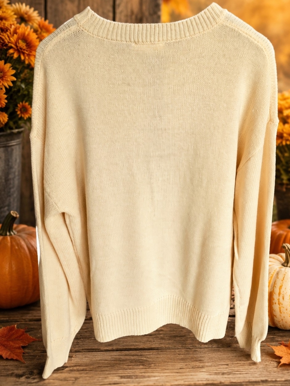 Cozy Cream Crewneck Sweater with Rust 'Pumpkin' Embroidery Fall, Cottagecore - Picture 3 of 7